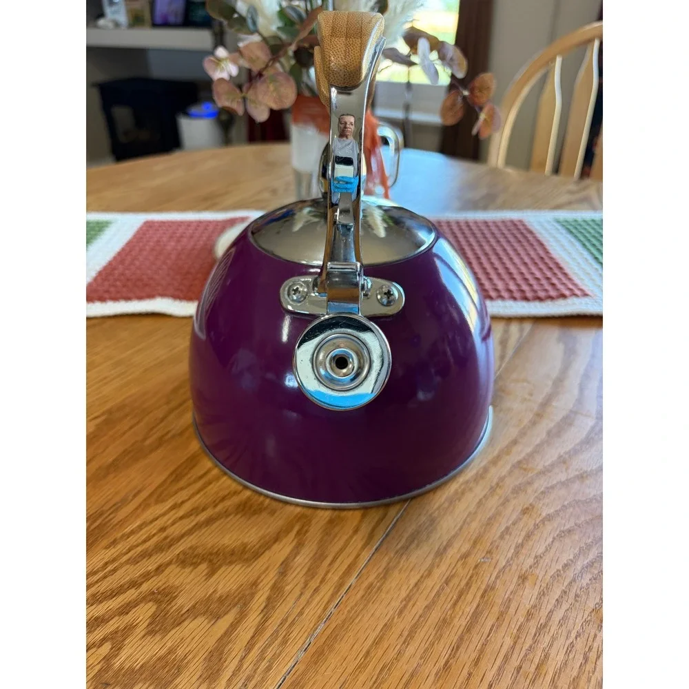 Pinky Up Whistling Tea Kettle Purple Enamel Stainless Steel Wood Grain Handle